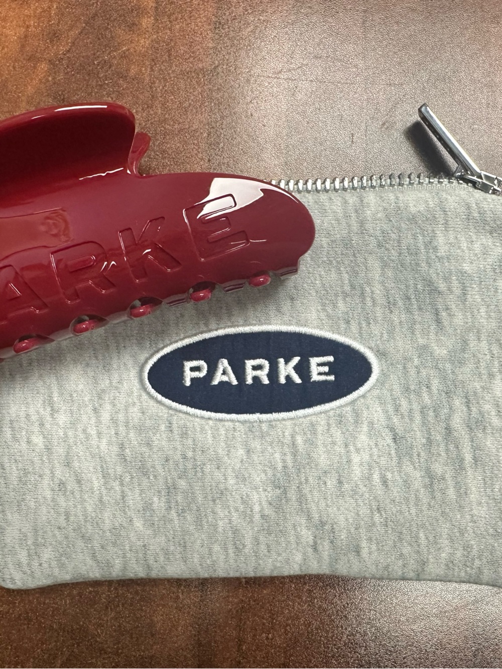 Parker Gray Zip Pouch with Burgundy Hair Claw